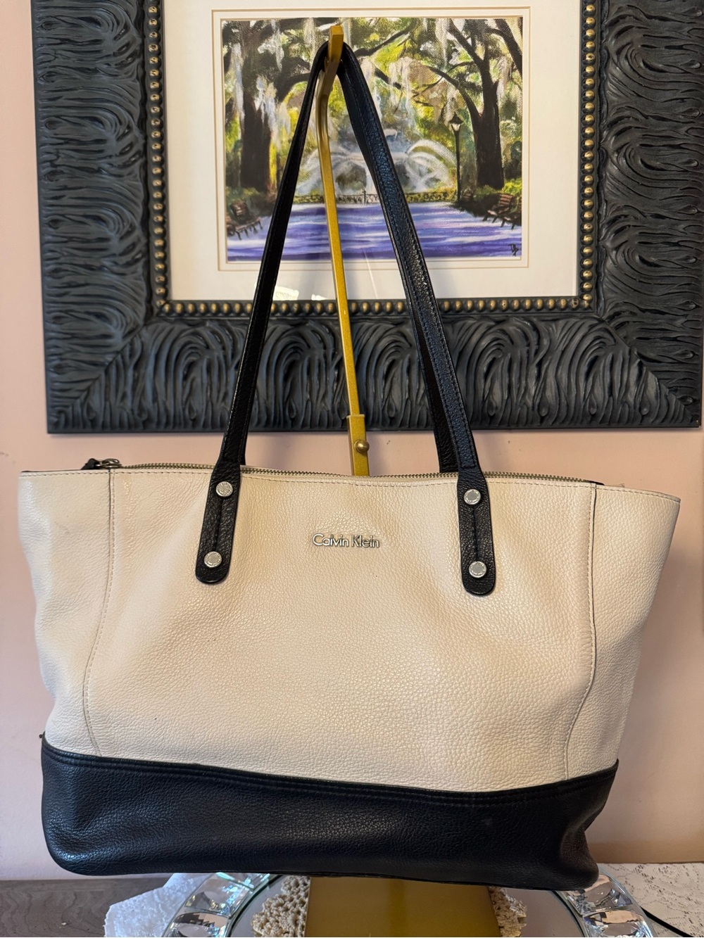 Calvin Klein Color Block Cream and Black Leather Tote Bag